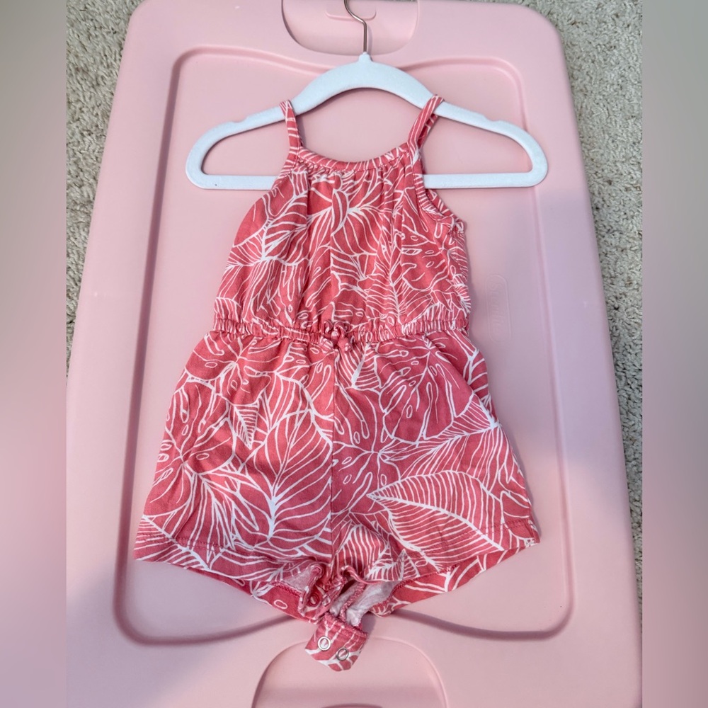 Old Navy Coral Leaf Print Kids Romper 6-12m